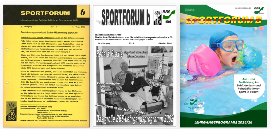 Titelseiten des Sportforum b von 1980, 2001 und 2024